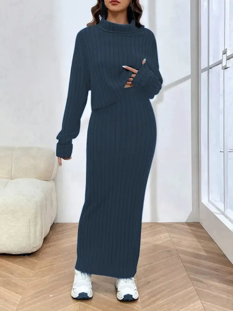 Ribbed Elegance Skirt & Top Set with High Collar (1)