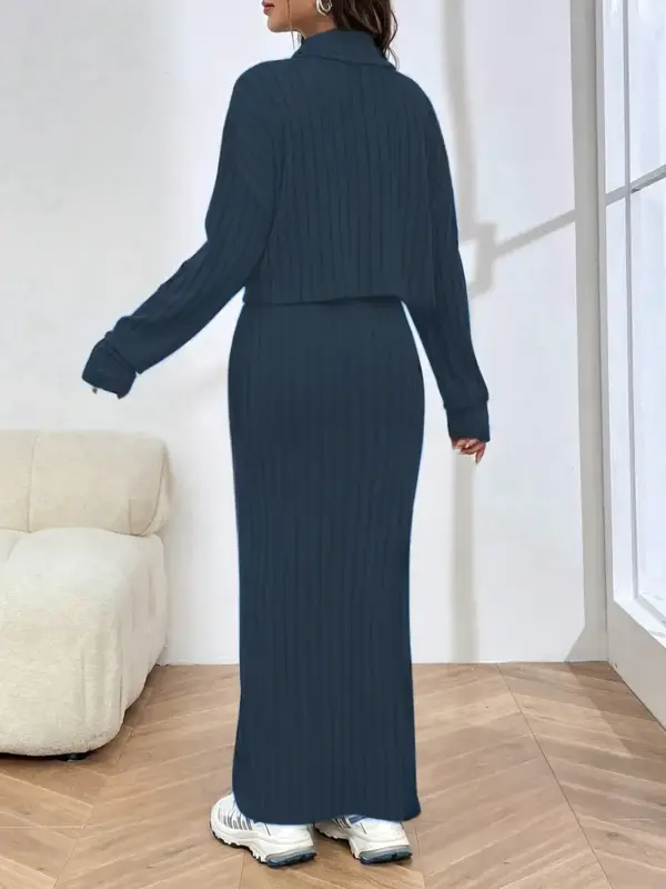Ribbed Elegance Skirt & Top Set with High Collar - Image 3