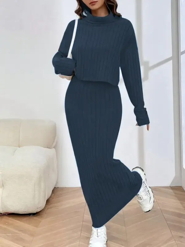 Ribbed Elegance Skirt & Top Set with High Collar