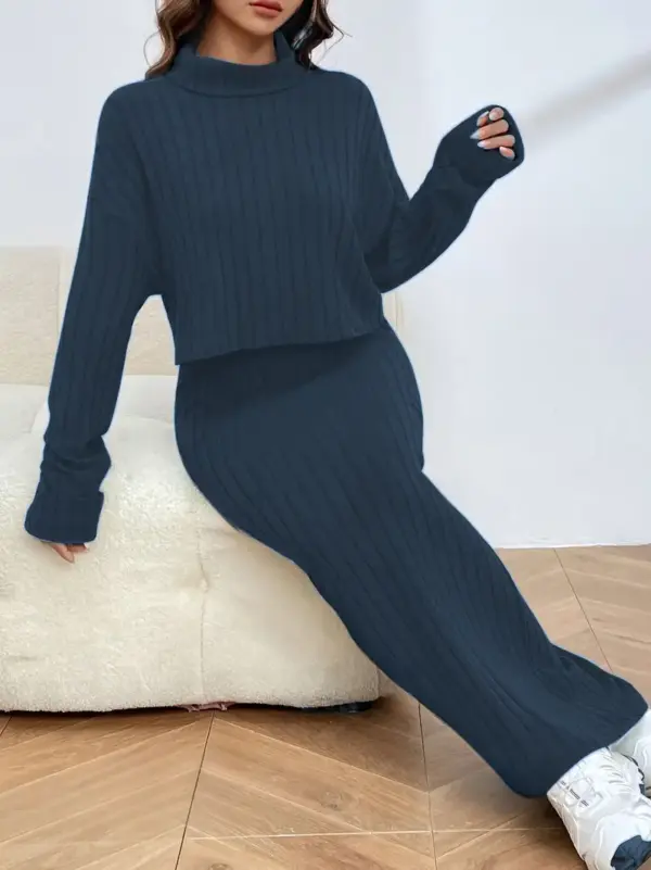 Ribbed Elegance Skirt & Top Set with High Collar - Image 4